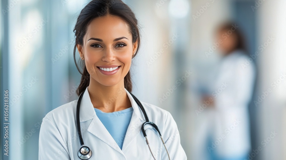 Healthcare professional in scrubs smiling confidently in a medical facility corridor Healthcare professional in scrubs smiling confidently in a medical facility corridor