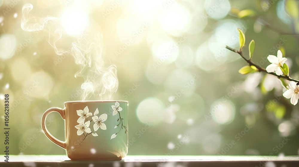 A coffee cup sits atop a window sill, adjacent to an apple tree's blooming branch A coffee cup sits atop a window sill, adjacent to an apple tree's blooming branch