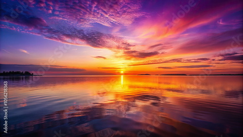 Vibrant sunset over calm lake with colorful sky reflection