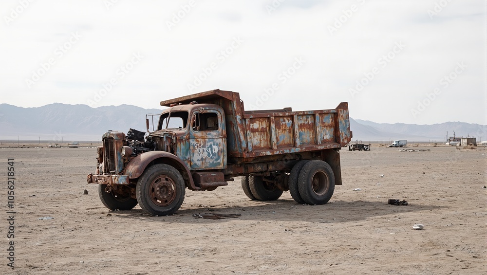 Obraz premium Rusty dump truck in barren lot with mountains in background