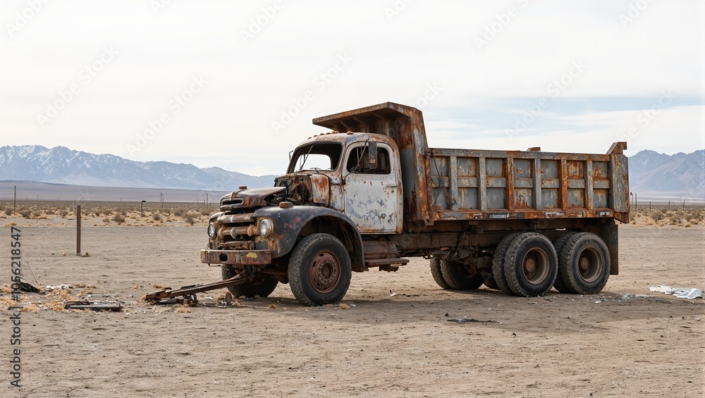 Obraz premium Rusty dump truck in barren lot with mountains in background