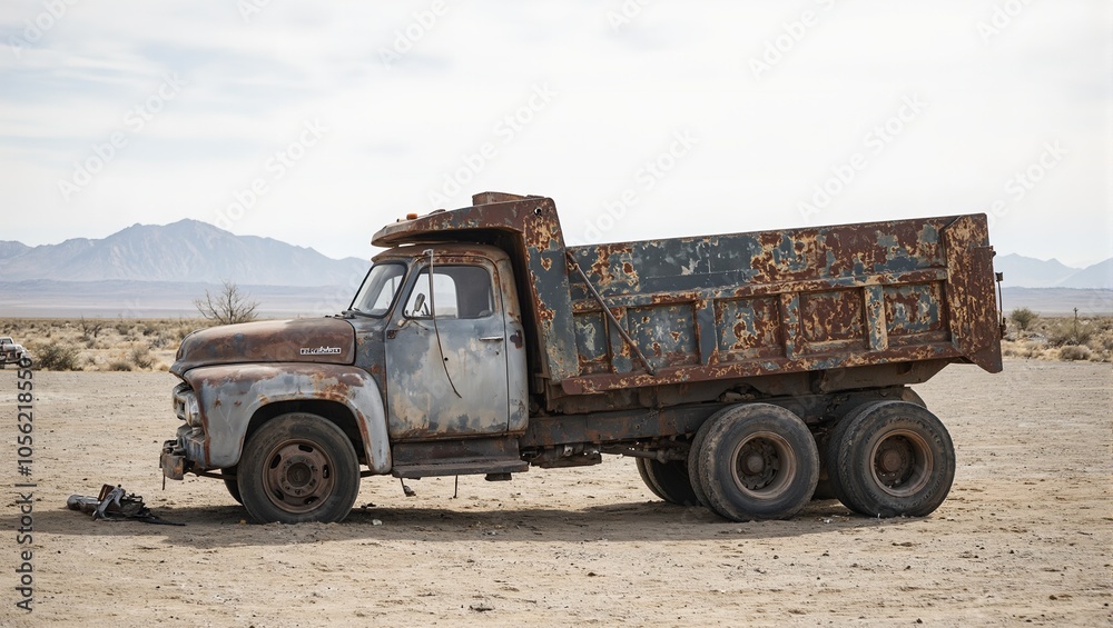 Obraz premium Rusty dump truck in barren lot with mountains in background