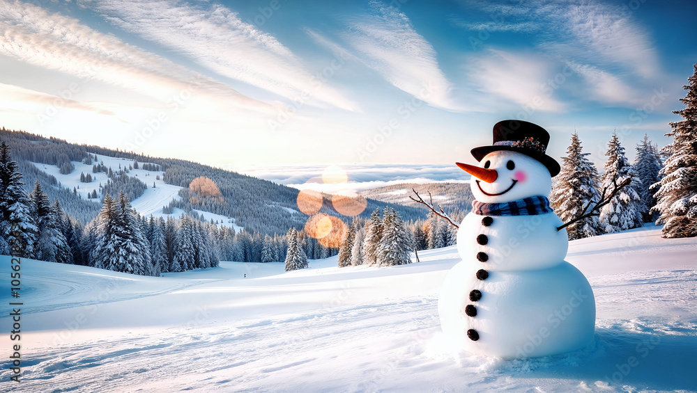 Fototapeta premium 冬の風景に溶け込む雪だるまと広いコピースペースが特徴の背景。生成AI