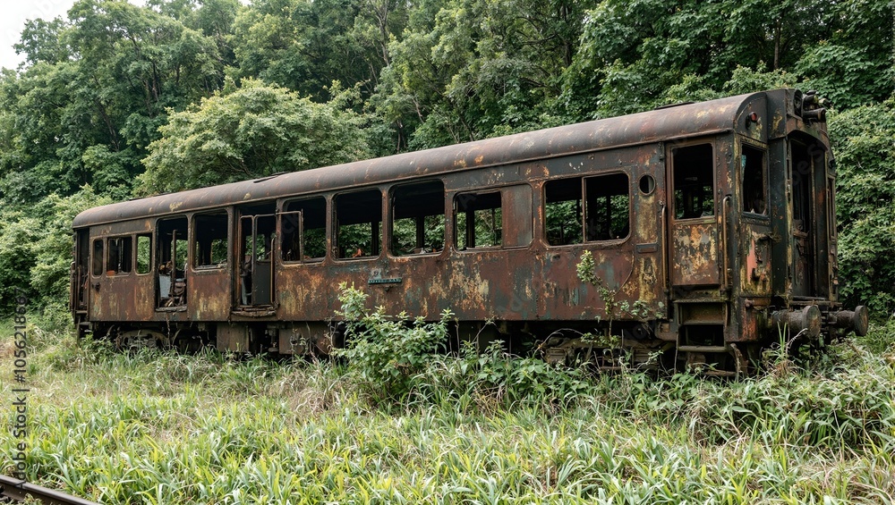 Obraz premium Abandoned train car reclaimed by nature overgrown with moss and surrounded by wilderness