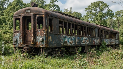 Abandoned train car reclaimed by nature overgrown with moss and surrounded by wilderness