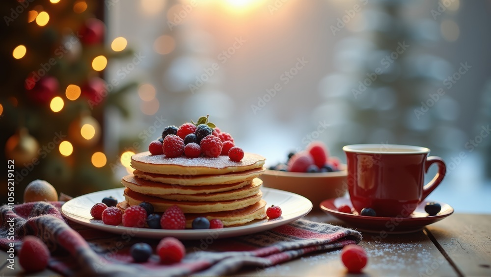 Fototapeta premium Cozy winter breakfast scene with pancakes, berries, candles, and a snowy view. Generative, AI,
