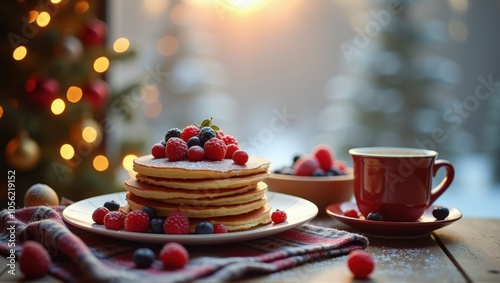 Cozy winter breakfast scene with pancakes, berries, candles, and a snowy view. Generative, AI,