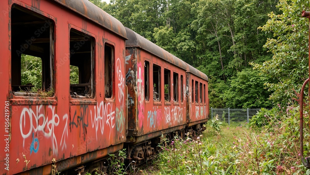 Abandoned red railway car covered in graffiti rust streaks shattered windows overgrown tracks
