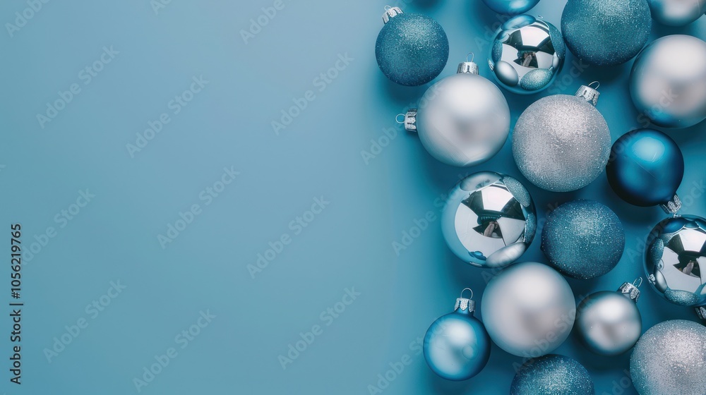 Fototapeta premium Blue and Silver Christmas Ornaments on a Blue Background