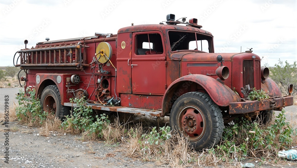 Rusty abandoned fire truck in desolate lot surrounded by tall weeds and broken windows Rusty abandoned fire truck in desolate lot surrounded by tall weeds and broken windows