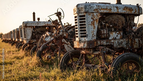 Rusted farming equipment in overgrown field with birds nesting photo