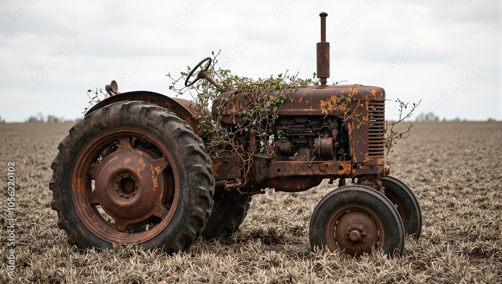 Abandoned rusty tractor in dusty field with flaking metal deflated tires and vines on steering wheel Abandoned rusty tractor in dusty field with flaking metal deflated tires and vines on steering wheel
