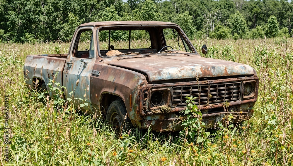 Rusty abandoned pickup truck in overgrown field under harsh sunlight Rusty abandoned pickup truck in overgrown field under harsh sunlight