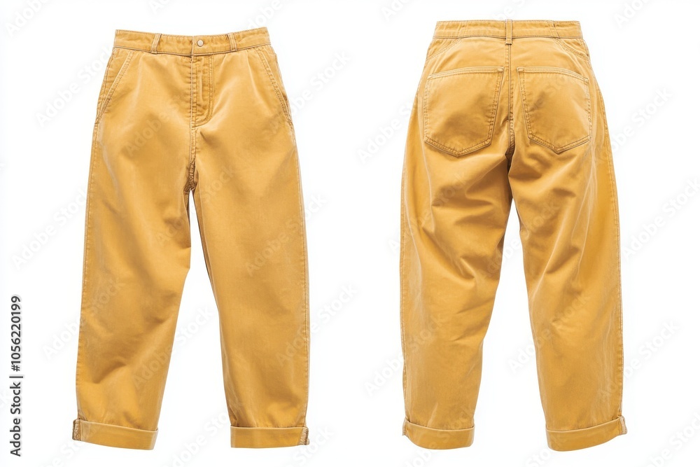 Yellow classic jeans displayed from front and back view on white Yellow classic jeans displayed from front and back view on white