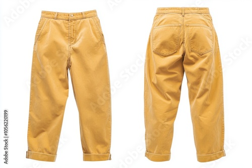 Yellow classic jeans displayed from front and back view on white