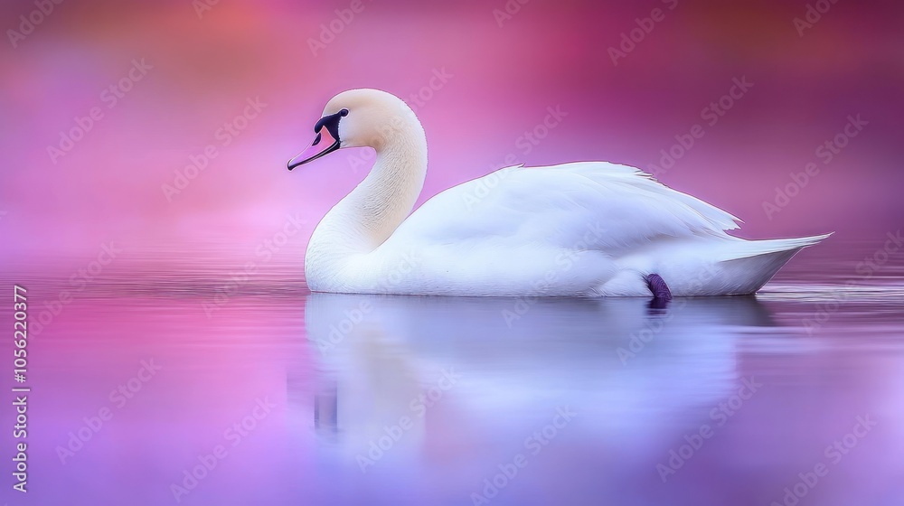 Obraz premium A graceful white swan glides through a still lake, its reflection shimmering on the water's surface. 
