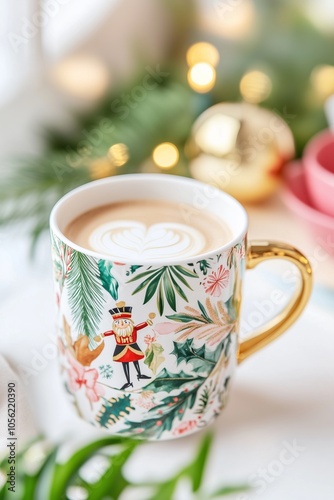 ceramic holiday mug with festive nutcracker pattern, featuring gold handles filled with latte art coffee, cosy warm vibes, festive room in the background