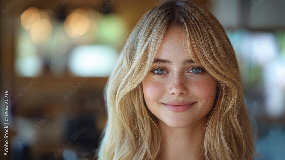 Close-up portrait of young blonde woman with blue eyes and freckles, natural beauty, smiling confidently, soft lighting, modern interior, vibrant and warm atmosphere Close-up portrait of young blonde woman with blue eyes and freckles, natural beauty, smiling confidently, soft lighting, modern interior, vibrant and warm atmosphere