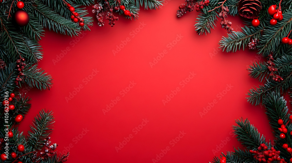 Obraz premium Festive border on a bright red background, perfect for seasonal greetings with space for text. high quality