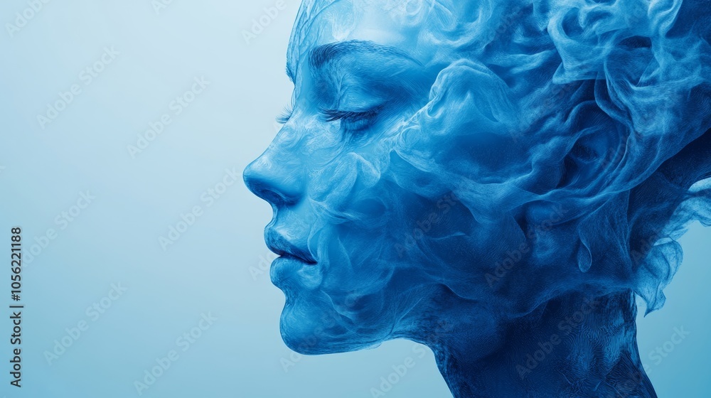 A woman's face is shown in blue with smoke coming out of her mouth A woman's face is shown in blue with smoke coming out of her mouth
