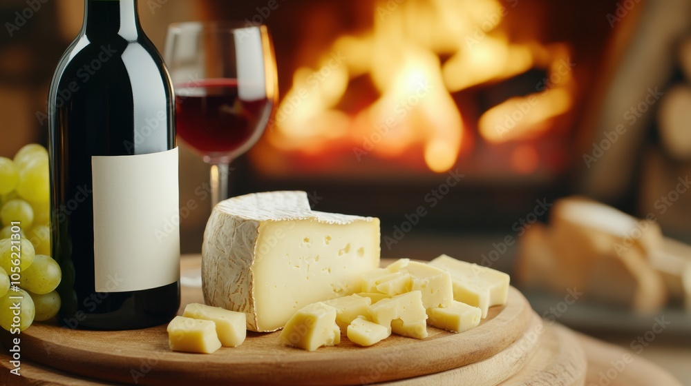 Wine and cheese platter by a cozy fireplace, AI Wine and cheese platter by a cozy fireplace, AI
