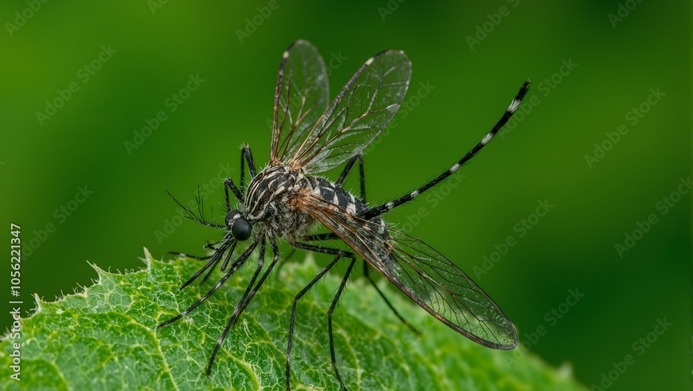 Macro shot of a mosquito on a leaf showcasing detailed proboscis and wings Macro shot of a mosquito on a leaf showcasing detailed proboscis and wings