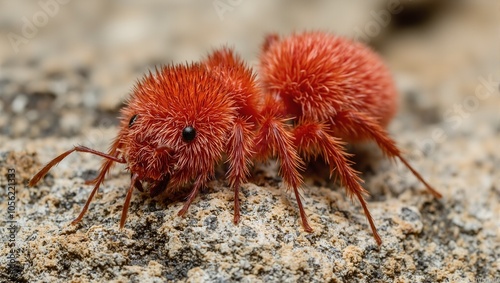 Vibrant red velvet ant crawling on rough rock photo