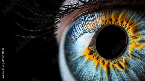   A close-up of a person's eye with blue and yellow iris, and long black hair framing it