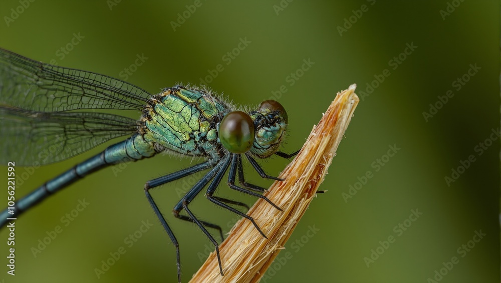 Vibrant damselfly on reed detailed wings and shimmering body in teal and blue hues Vibrant damselfly on reed detailed wings and shimmering body in teal and blue hues