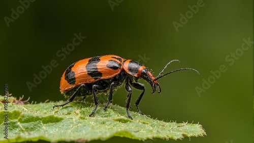 Vibrant soldier beetle on leaf detailed orange and black markings poised with extended antennae photo