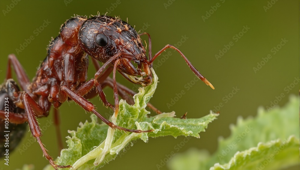 Fototapeta premium Macro close up of leafcutter ant carrying green leaf with textured red brown body