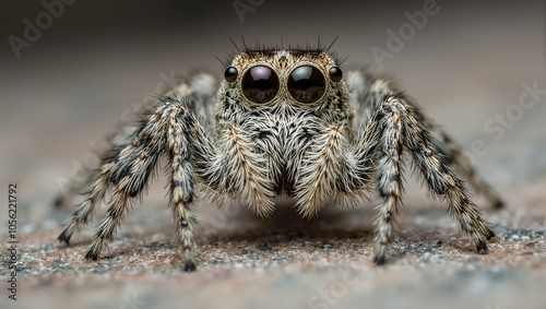 Close up of jumping spider with reflective eyes and hairy body poised to pounce