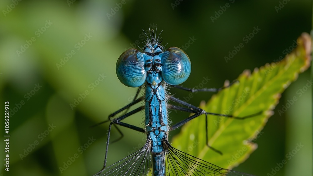 Macro shot of a blue damselfly with intricate eyes and vibrant wings against green leaves Macro shot of a blue damselfly with intricate eyes and vibrant wings against green leaves