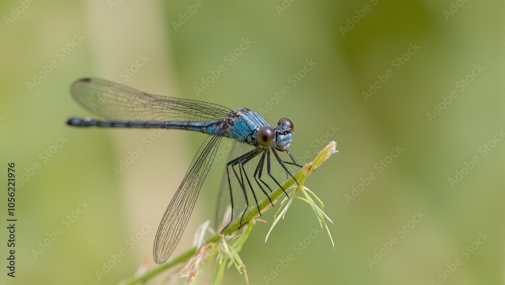 Iridescent blue damselfly on grass with transparent wings Iridescent blue damselfly on grass with transparent wings