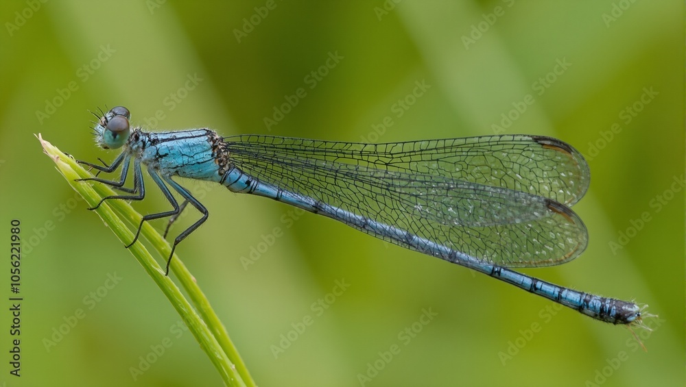 Iridescent blue damselfly on grass with transparent wings Iridescent blue damselfly on grass with transparent wings