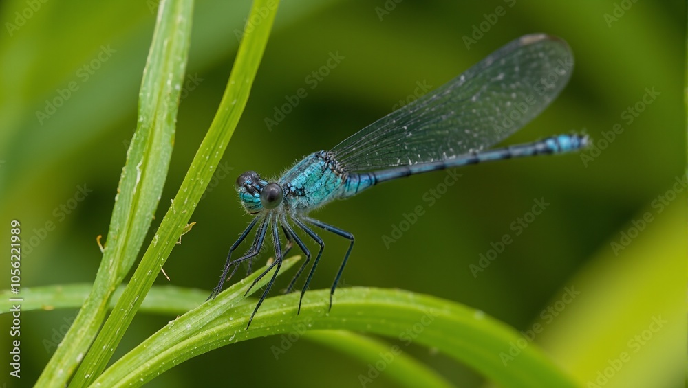 Iridescent blue damselfly on grass with transparent wings Iridescent blue damselfly on grass with transparent wings