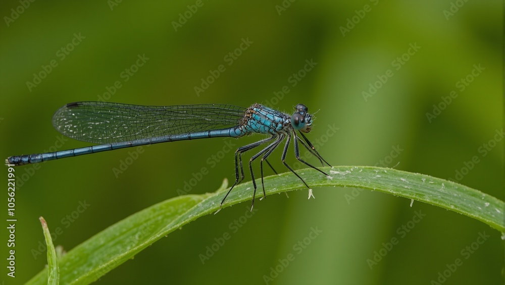 Iridescent blue damselfly on grass with transparent wings Iridescent blue damselfly on grass with transparent wings