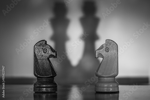 Chess pieces symbolize geopolitical and social relations. Their positions and shadows allow viewers to create their own metaphors and associations. Ideal for various descriptions of social relatitions