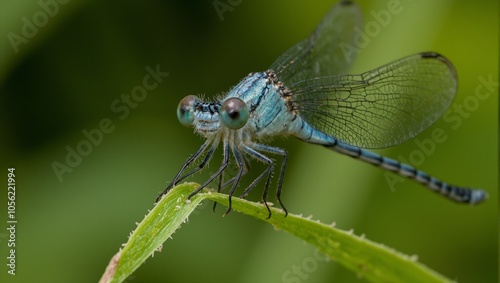 Iridescent blue damselfly on grass with transparent wings