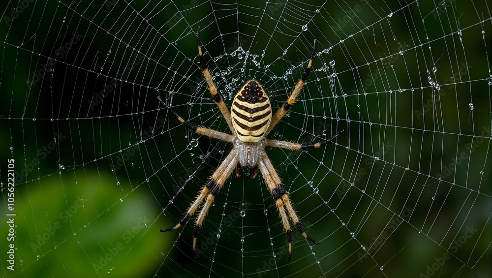 Golden orb weaver spider on dew covered web with sparkling strands Golden orb weaver spider on dew covered web with sparkling strands