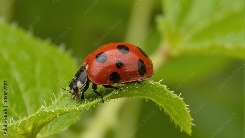 Vivid red ladybug with glossy shell on green leaf