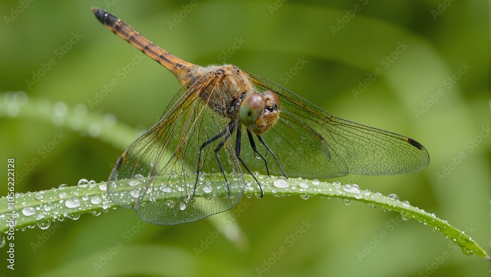 Colorful dragonfly on dewy grass blade intricate wings shimmering in sunlight Colorful dragonfly on dewy grass blade intricate wings shimmering in sunlight