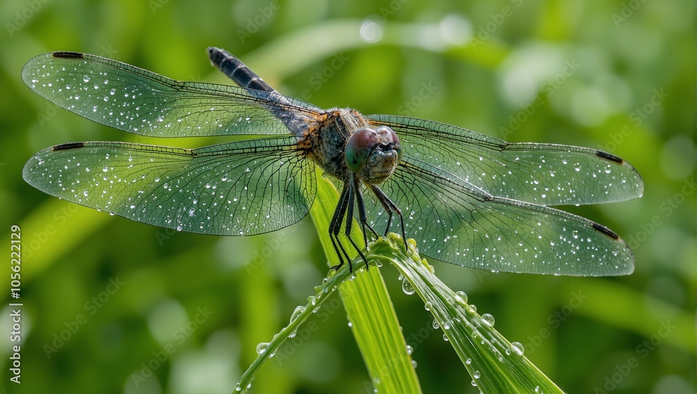 Colorful dragonfly on dewy grass blade intricate wings shimmering in sunlight Colorful dragonfly on dewy grass blade intricate wings shimmering in sunlight