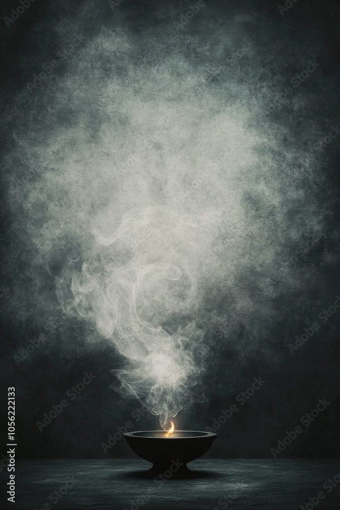 A dark kitchen setting featuring a steaming bowl of aromatic soup surrounded by mist A dark kitchen setting featuring a steaming bowl of aromatic soup surrounded by mist