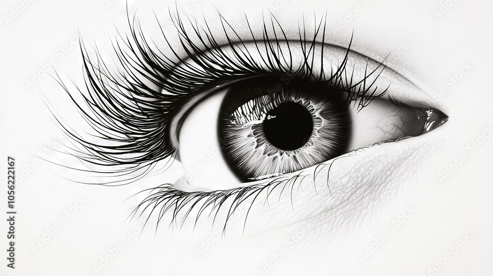 A close-up eye drawing with long, thick lashes and a black pupil A close-up eye drawing with long, thick lashes and a black pupil