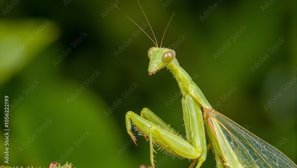 Close up of a green praying mantis with reflective eyes intricate details and delicate wings Close up of a green praying mantis with reflective eyes intricate details and delicate wings