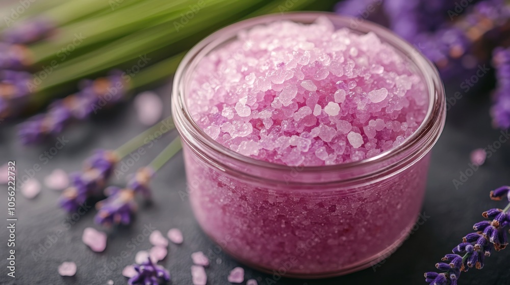 Close-up of pink lavender bath salts in glass jar, spa aromatherapy product, soothing wellness, relaxation crystals, organic beauty, self-care therapy, herbal floral Close-up of pink lavender bath salts in glass jar, spa aromatherapy product, soothing wellness, relaxation crystals, organic beauty, self-care therapy, herbal floral
