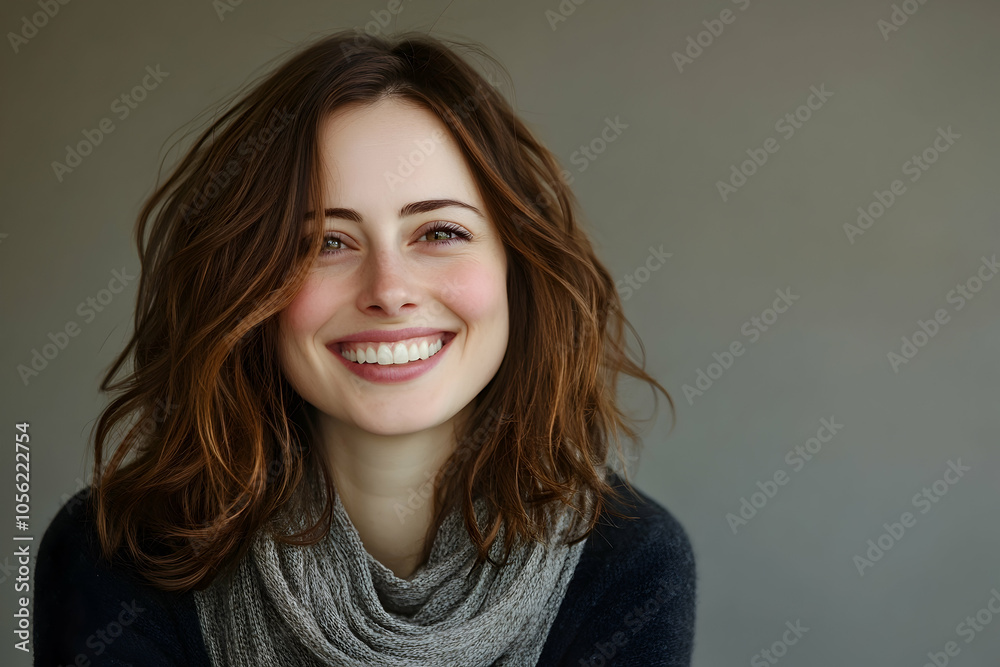 Happy woman with brown hair smiling on a neutral background. high quality Happy woman with brown hair smiling on a neutral background. high quality