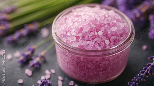 Close-up of pink lavender bath salts in glass jar, spa aromatherapy product, soothing wellness, relaxation crystals, organic beauty, self-care therapy, herbal floral