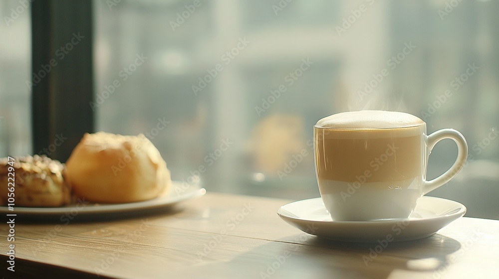   A cup of coffee on a saucer next to a plate of pastries on a table